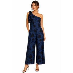 Kate Spade x Target One Shoulder Floral Jumpsuit Blue Black Linen Blend Size 6